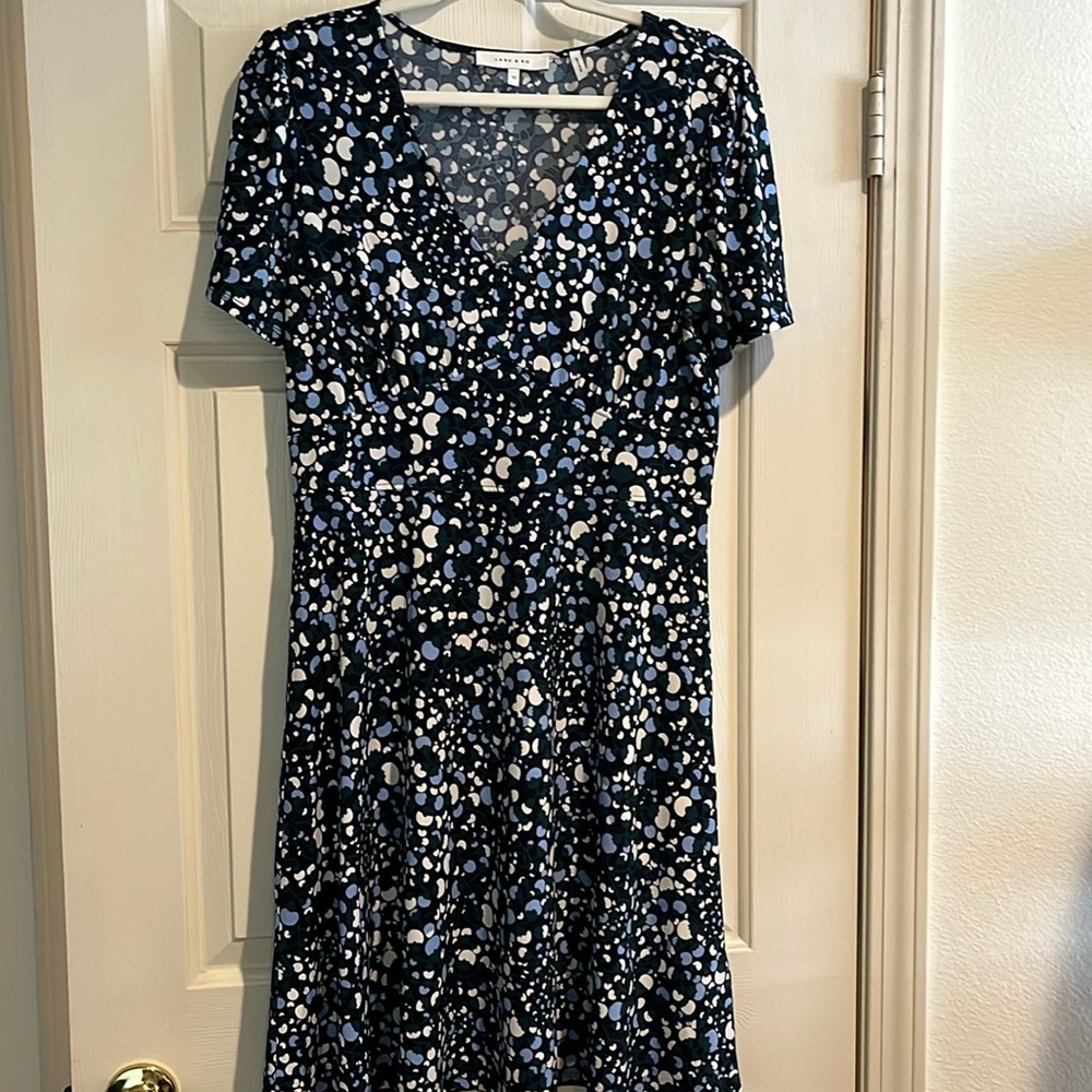 Lark & Ro Black Midi Dress with White and Light Blue Spot Print